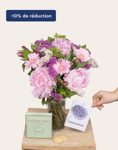 Bouquet de fleurs de saison avec petits sablés et carte personnalisée bloomyrama