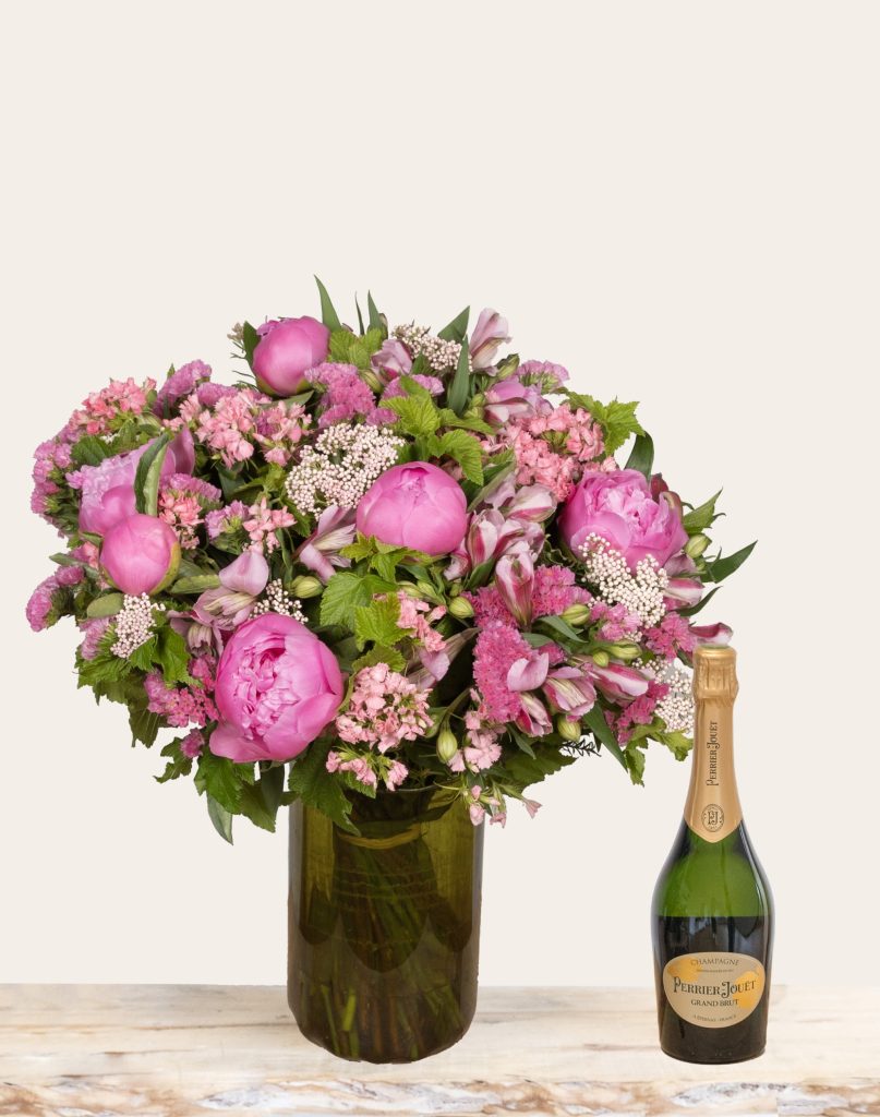 Duo bouquet fleurs de saison et champagne Perrier Jouet grand brut bloomyrama