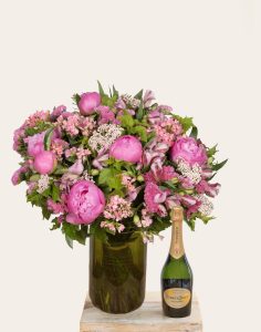 Duo bouquet fleurs de saison et champagne Perrier Jouet grand brut bloomyrama