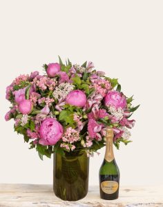 Duo bouquet fleurs de saison et champagne Perrier Jouet grand brut bloomyrama