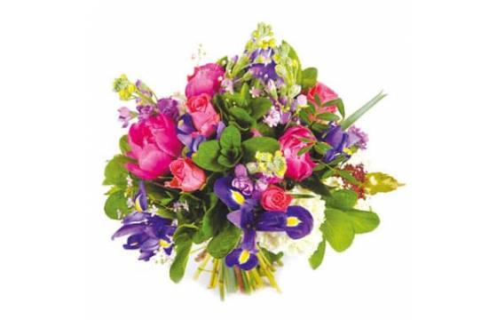 bouquet coloré rond iris roses pivoines agitateur floral bloomyrama