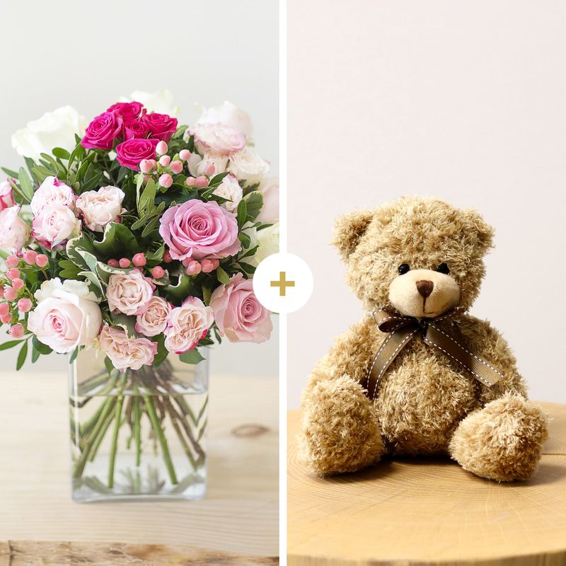 Bouquet rond rose et blanc avec ours peluche livraison interflora comparateur de fleurs bloomyrama