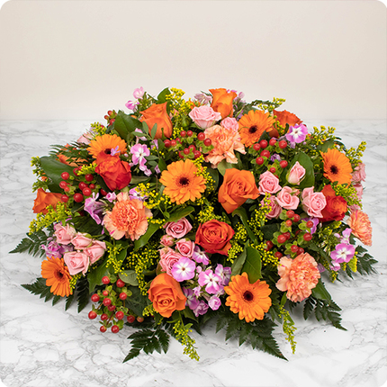 Coussin de deuil Oraison roses orange livraison 123fleurs comparateur de fleurs bloomyrama